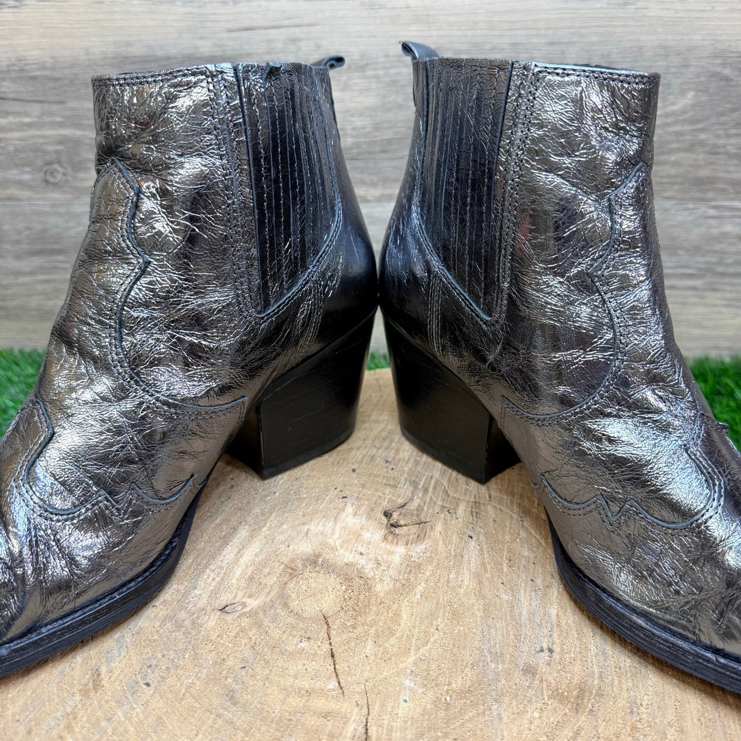 Sam Edelman Women - Size 9 - Metallic Silver Faux Leather Ankle Boots