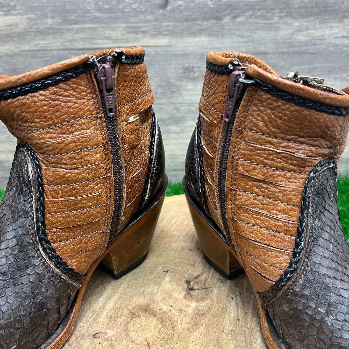 Veari Women - Size 6.5 - Brown Two Tone Snake Zipper Ankle Boots