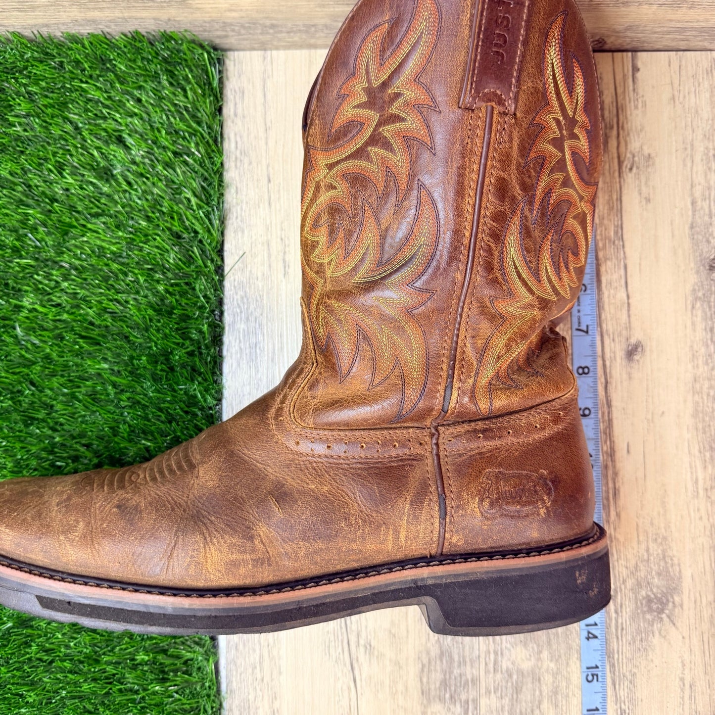 Justin Men - Size 13D - Brown Stampede Work Square Toe Cowboy Boots SE4681