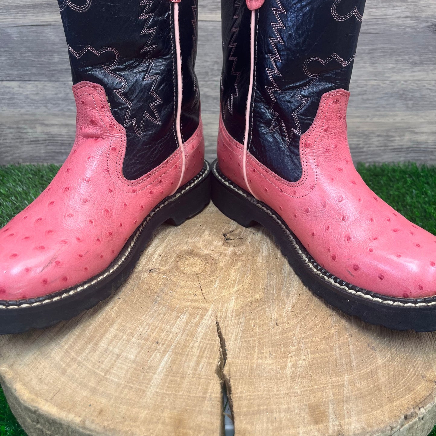 Old West Youth - Size 6 - Pink/Black Ostrich Print Round Toe Cowboy Boots 1219Y