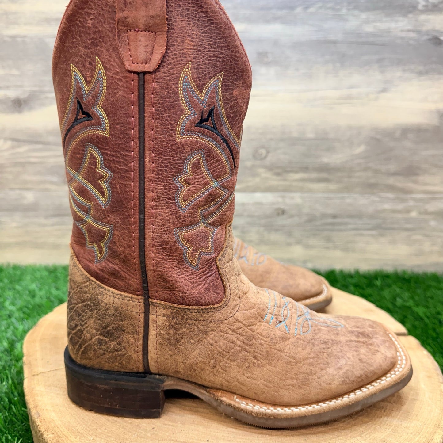 Old West Youth - Size 2D - Brown / Red Square Toe Western Cowboy Boots BSC1912