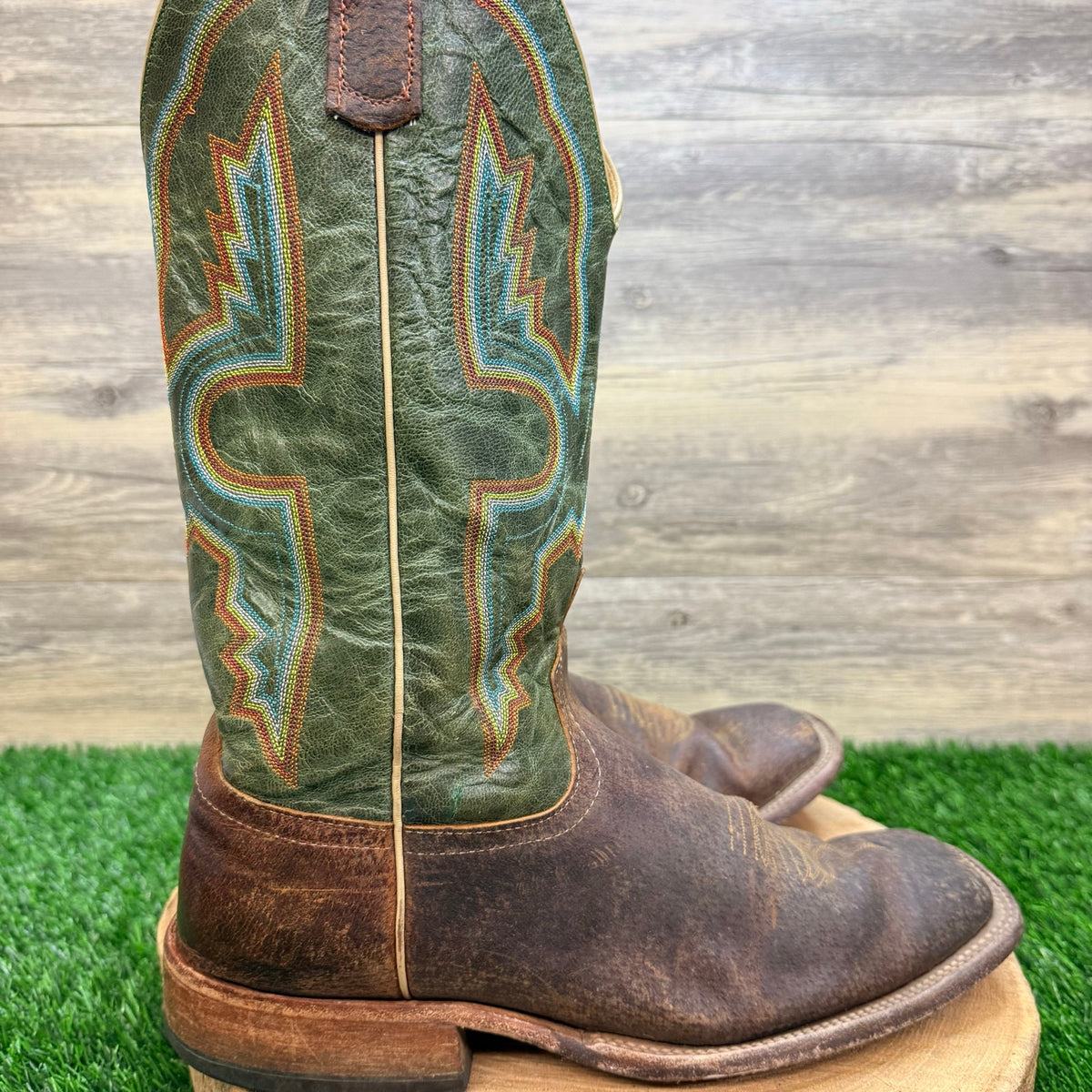 Anderson Bean Men - Size 10.5D - Brown / Green Square Toe Cowboy Boots 4482N