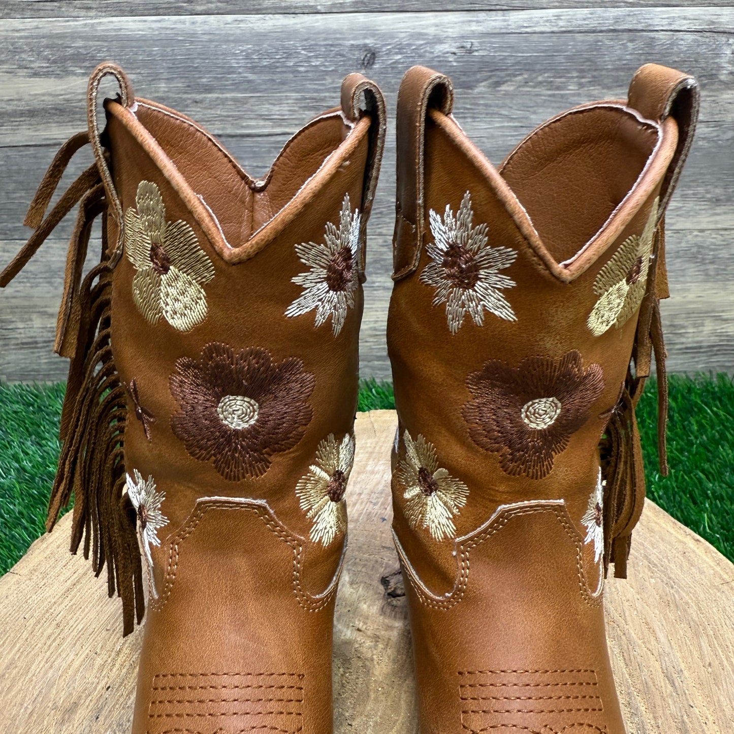 Rolled Youth - Size 9T - Tan Floral Fringe Faux Leather Cowboy Boots Style