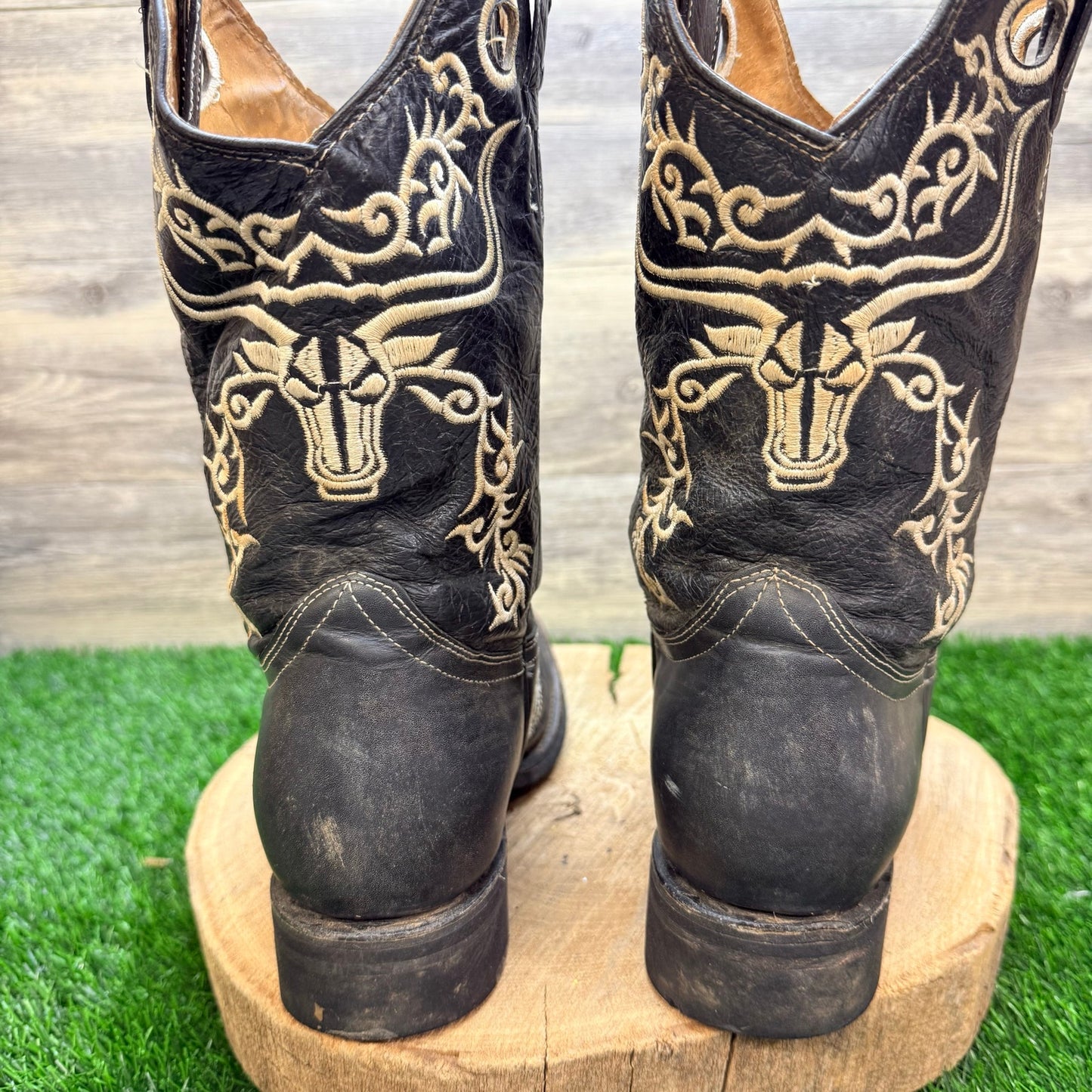 El General Men - Size 8.5 - Black Longhorn Square Toe Cowboy Boots 1803