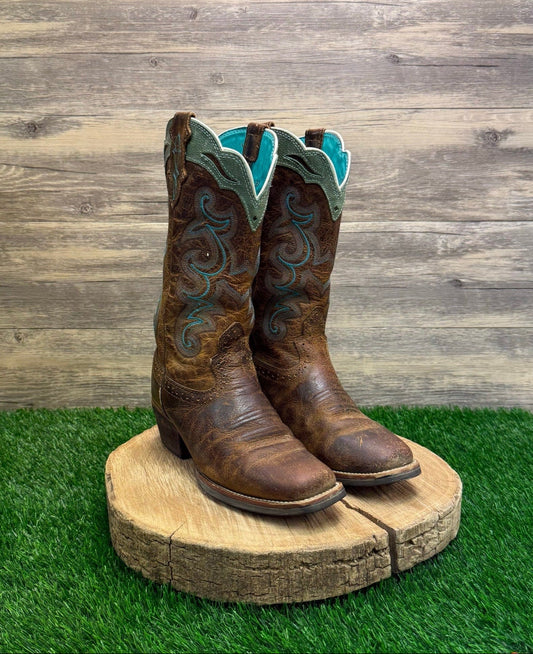 Justin Women - Size 7B - Brown/Turquoise Square Toe Cowboy Boots Style SVL7311