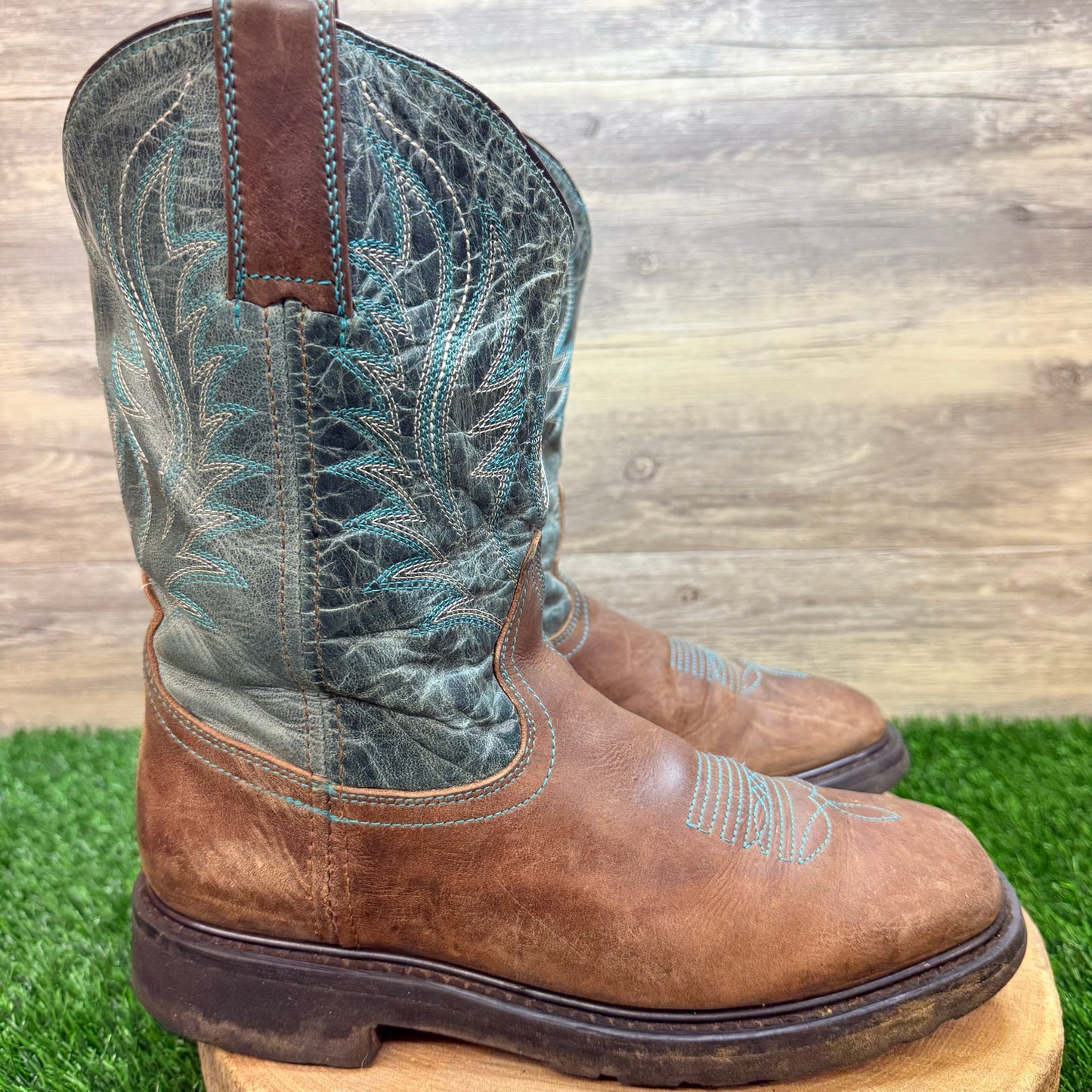 JB Dillon Men - Size 9D - Brown/Green Square Toe Western Cowboy Boots JBR1115D