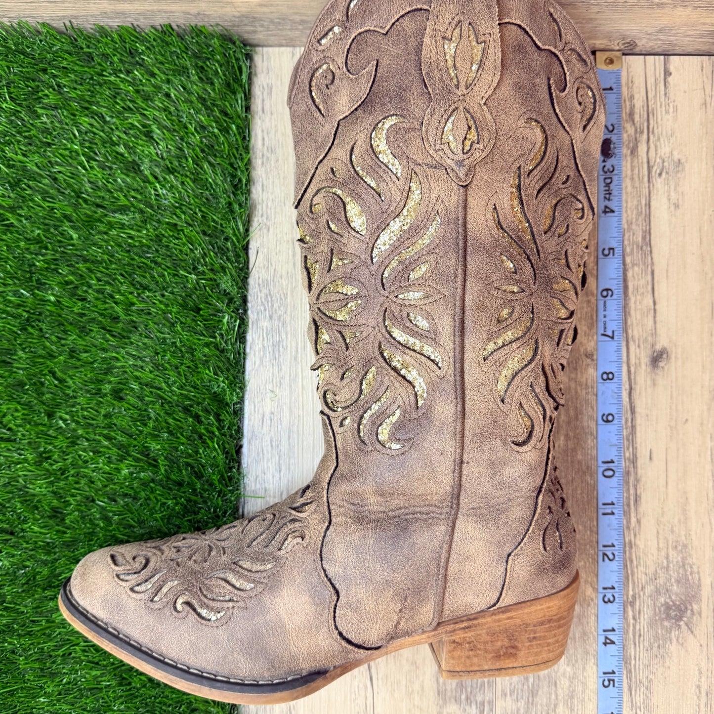 Roper Women - Size 8.5 - Distressed Tan Glitter Inlay Faux Leather Cowboy Boots 2851