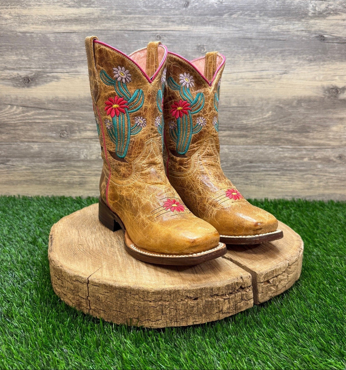 Roper Youth - Size 2.5 - Tan Cactus/Floral Square Toe Cowboy Boots Style 1482
