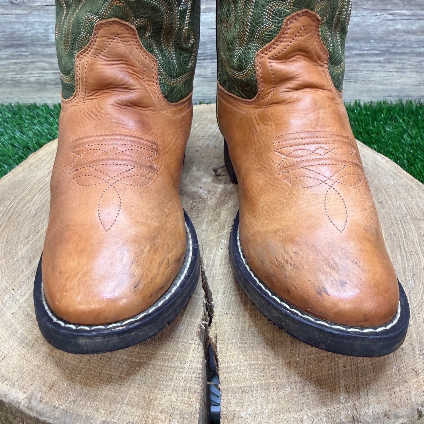 Old West Youth - Size 3D - Tan/Green Cowboy Boots Style CW2554