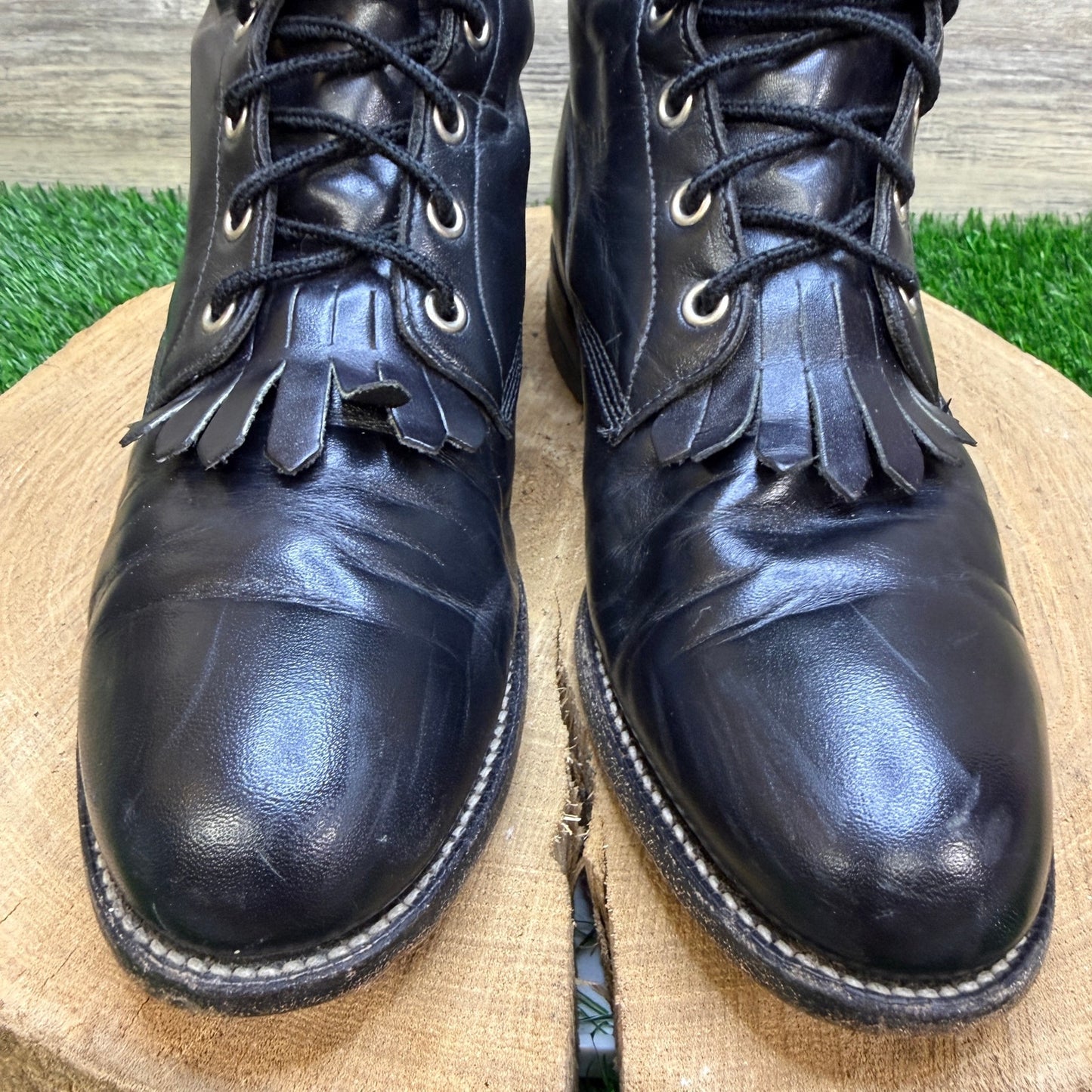 Justin Women - Size 7.5B - Vintage Black Lace Up Cowboy Boots Style L0506