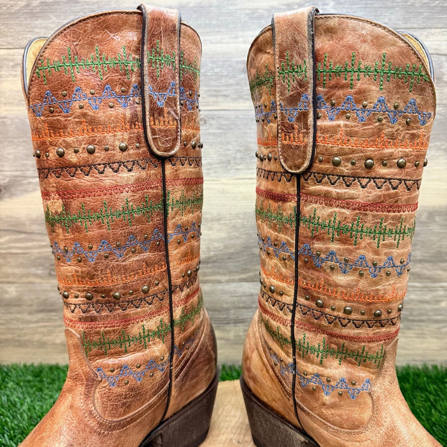 Yippee Ki Yay Women - Size 7.5B - Distressed Tan Southwest Cowboy Boots