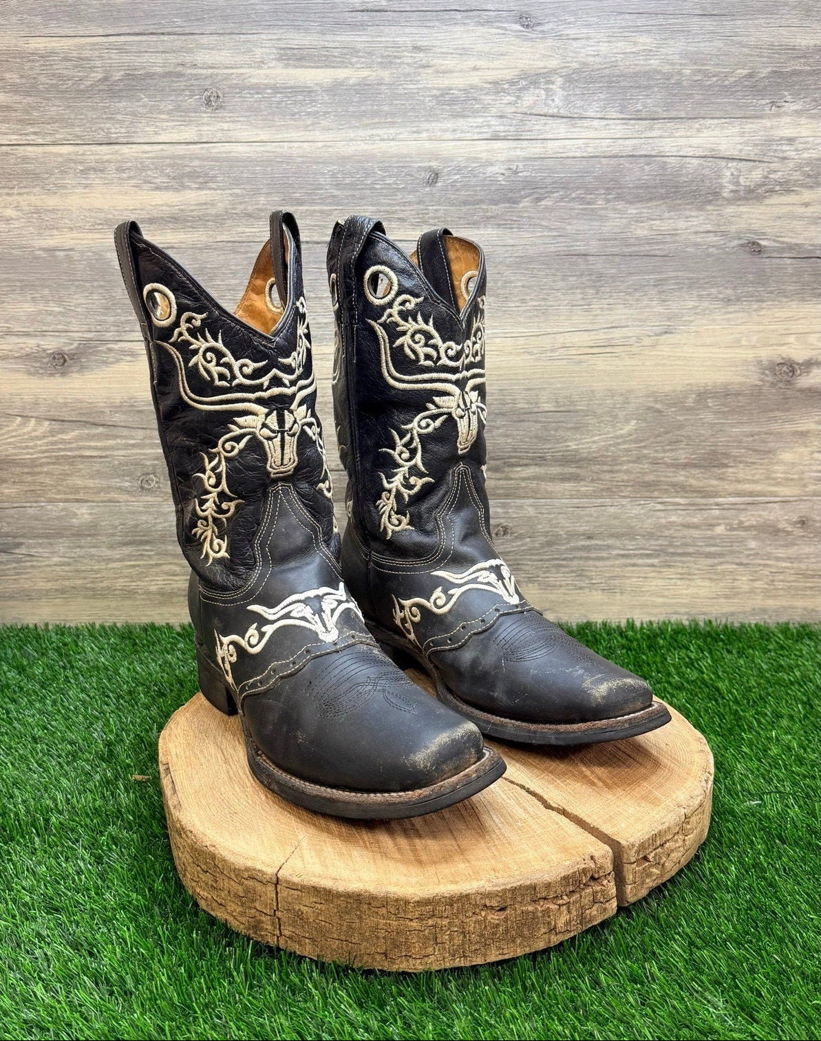 El General Men - Size 8.5 - Black Longhorn Square Toe Cowboy Boots 1803