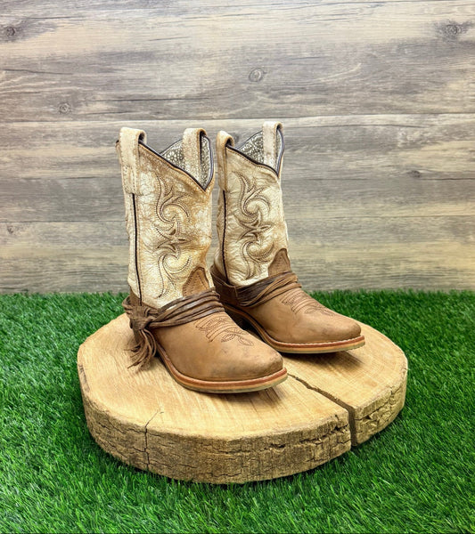 Dan Post Youth - Size 1D - Brown / Distressed White Square Toe Cowboy Boots OPC2911