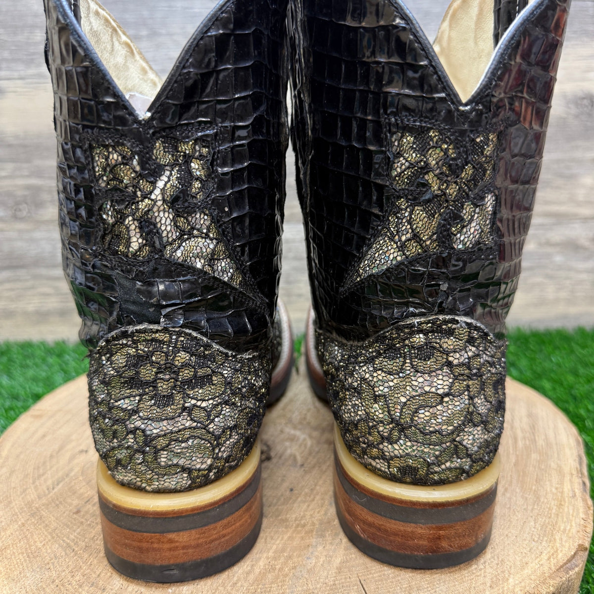 Ferrini Women - Size 9B - Black Glitter Lace Square Toe Cowboy Boots Flower