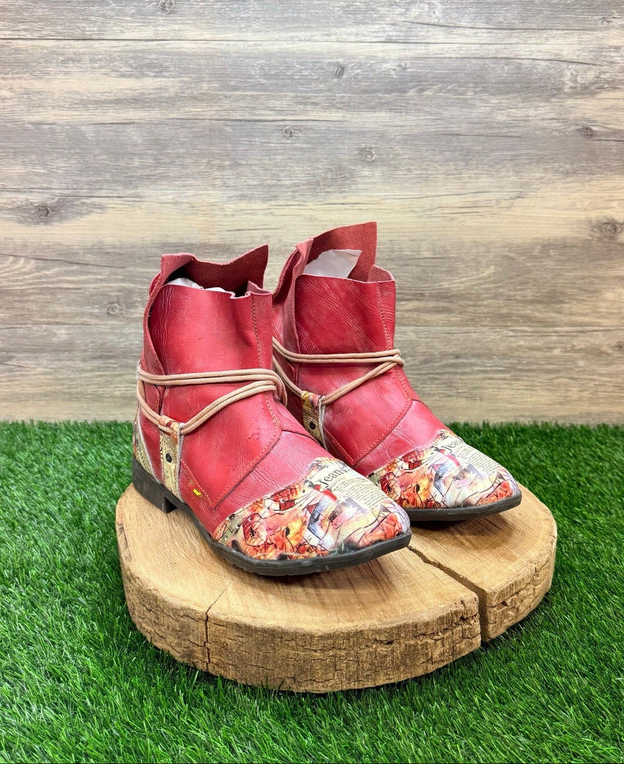 TMA Eyes Women - Size 9.5 - BOHO Newspaper Print Ankle Boots