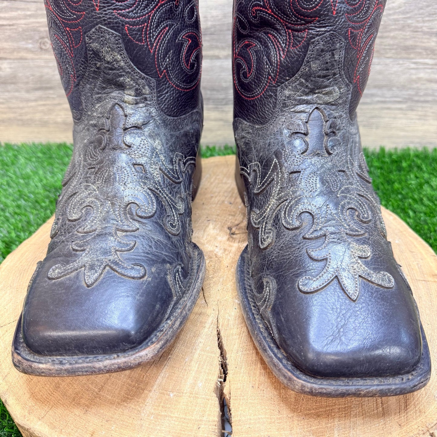 JB Dillon Men - Size 11EE - Black / Red Scroll Square Toy Cowboy Boots JBM2013