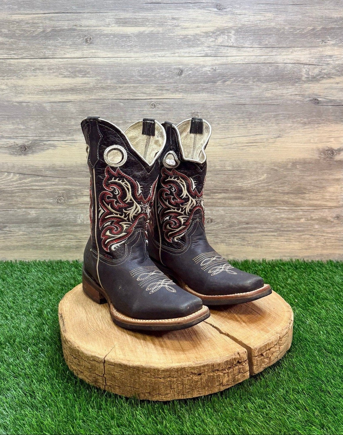 Solo Exportacion Youth - Size 4.5 - Black / Red Square Toe Cowboy Boots