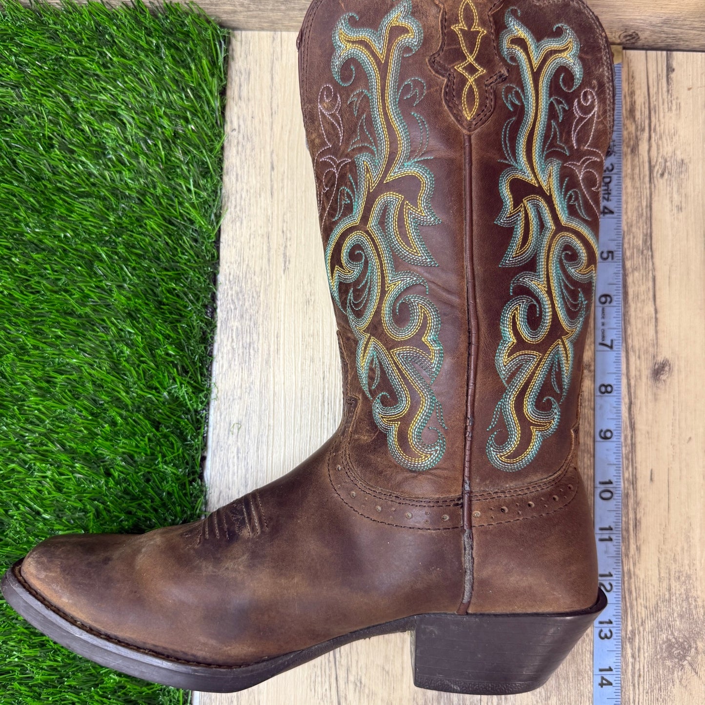 Justin Women - Size 7.5B - Tan/Green Square Toe Cowboy Boots Style 2552