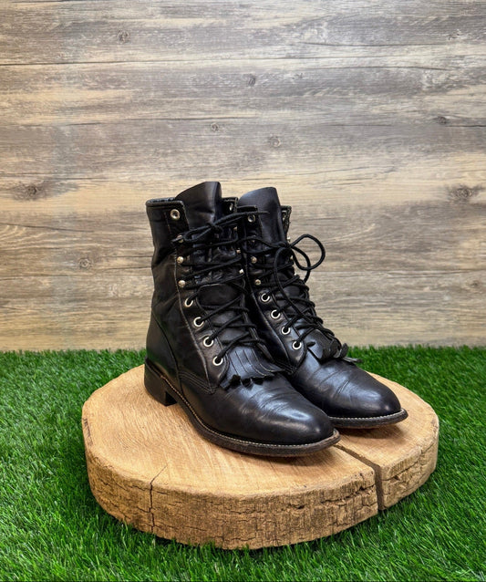 Justin Women - Size 5.5C - Vintage Black Lace Up Cowboy Boots Style L0506