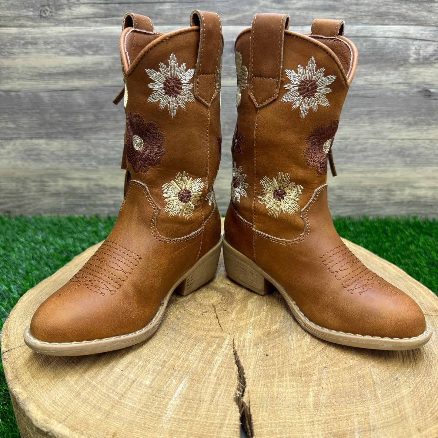 Rolled Youth - Size 9T - Tan Floral Fringe Faux Leather Cowboy Boots Style