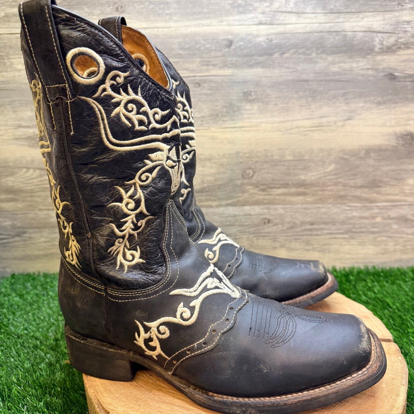 El General Men - Size 8.5 - Black Longhorn Square Toe Cowboy Boots 1803