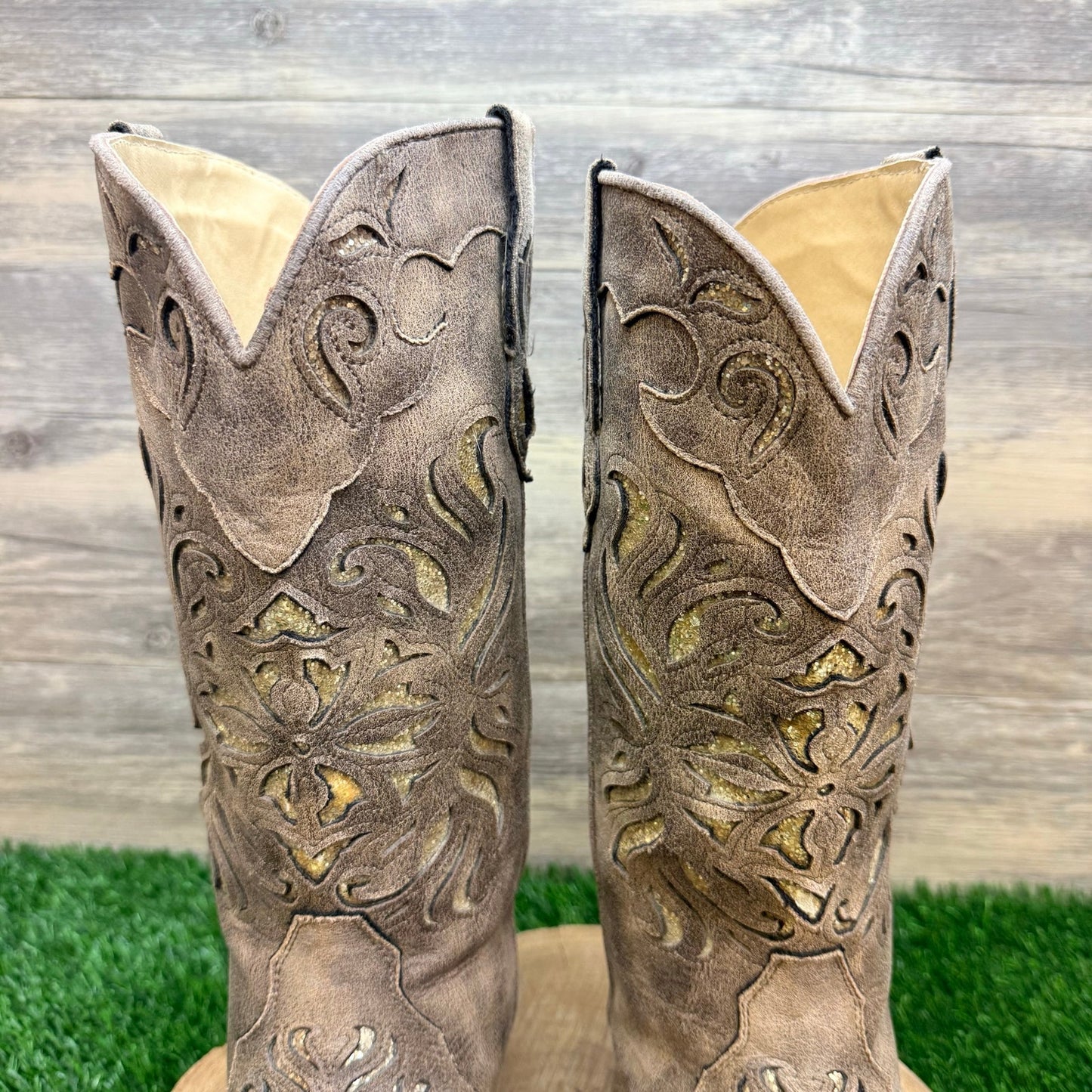 Roper Women - Size 8.5 - Distressed Tan Glitter Inlay Faux Leather Cowboy Boots 2851