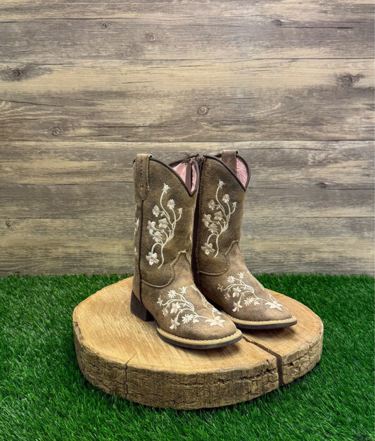 Twister Youth - Size 9 - Distressed Tan Floral Faux Leather Zipper Cowboy Boots