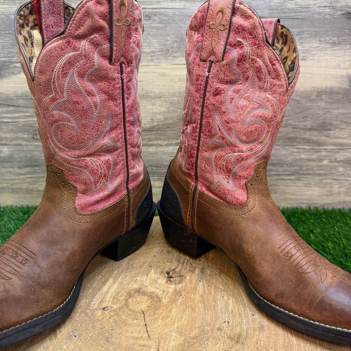 Tony Lama Women - Size 7.5B - Brown/Red Square Toe Cowboy Boots ST1006N