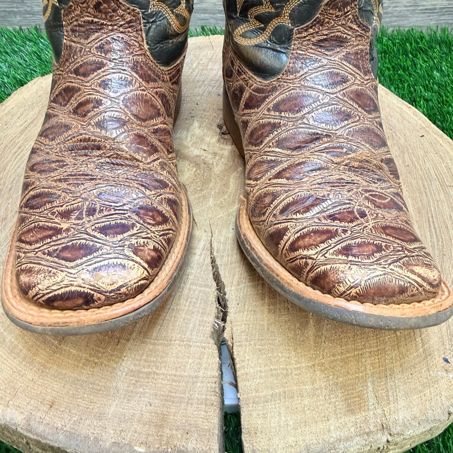 Ariat Youth - Size 13.5 - Brown/Green Square Toe Cowboy Boots