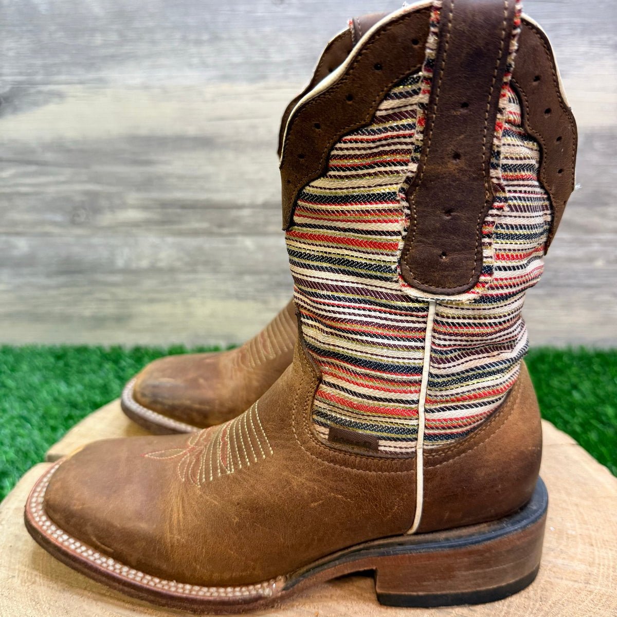 Double R Youth - Size 1.5 - Brown Striped Square Toe Cowboy Boots