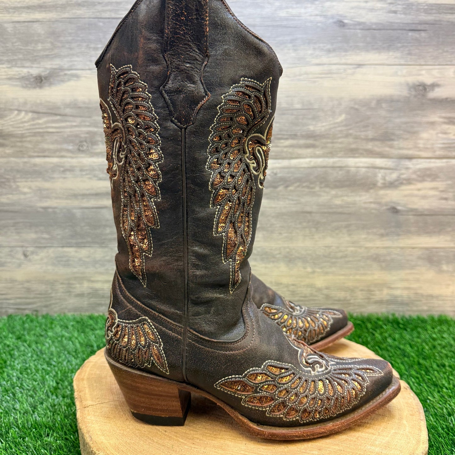 Corral Women - Size 7M - Brown Fleur De Lis Wings Cowboy Boots R2549