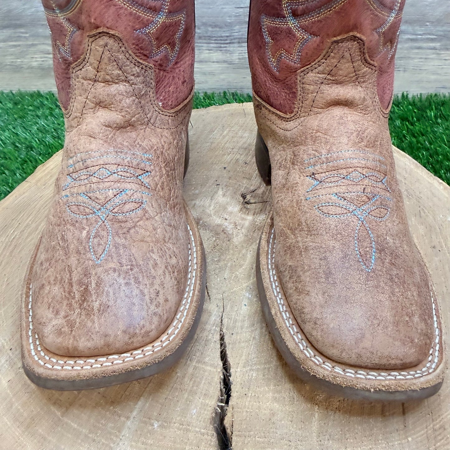 Old West Youth - Size 2D - Brown / Red Square Toe Western Cowboy Boots BSC1912