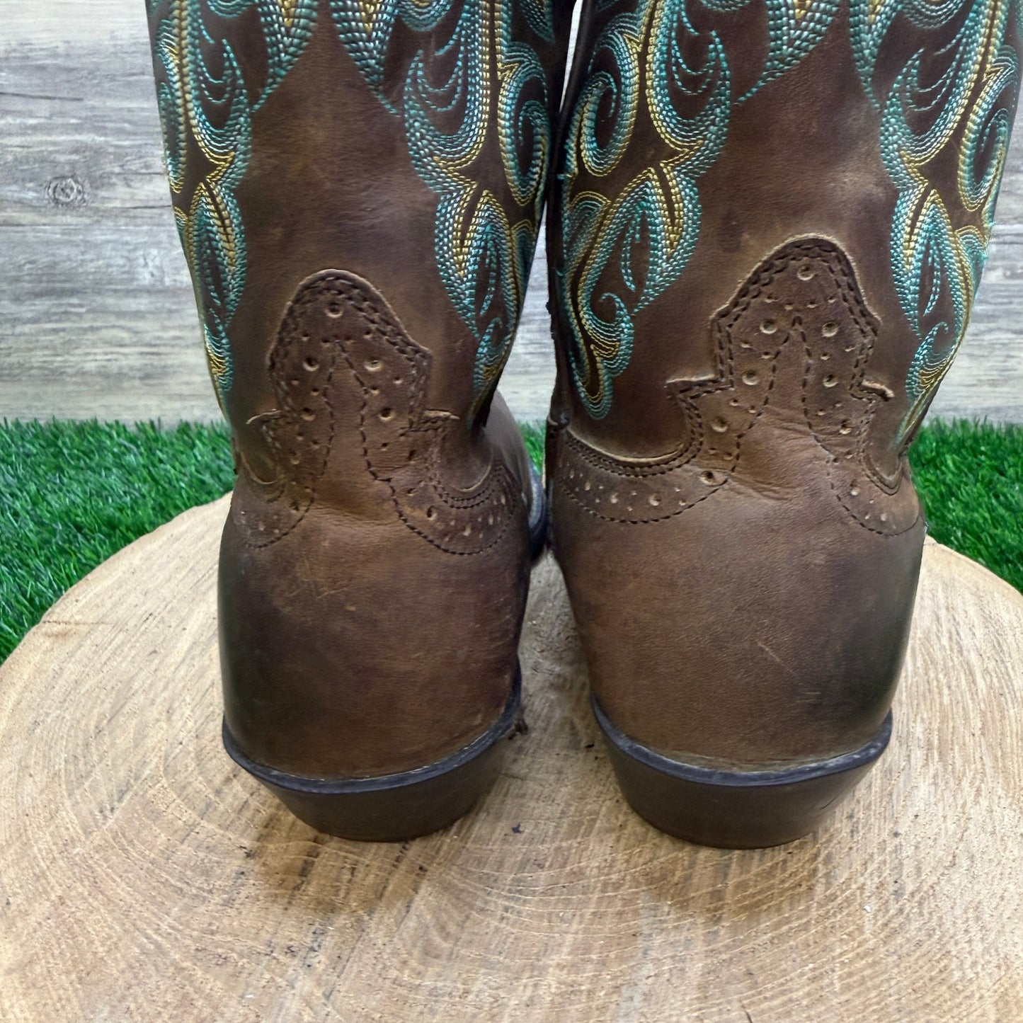 Justin Women - Size 7.5B - Tan/Green Square Toe Cowboy Boots Style 2552