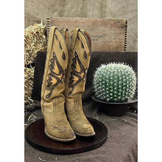 Capezio Women - Size 5M - Vintage Tan Suede Butterfly Design Cowboy Boots L486
