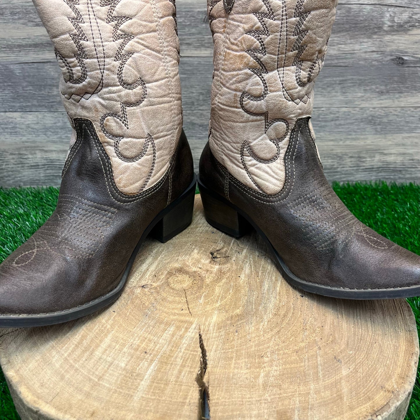 Coconuts Women - Size 9M - Beige/Brown Soft Faux Leather Cowboy Boots Desperado