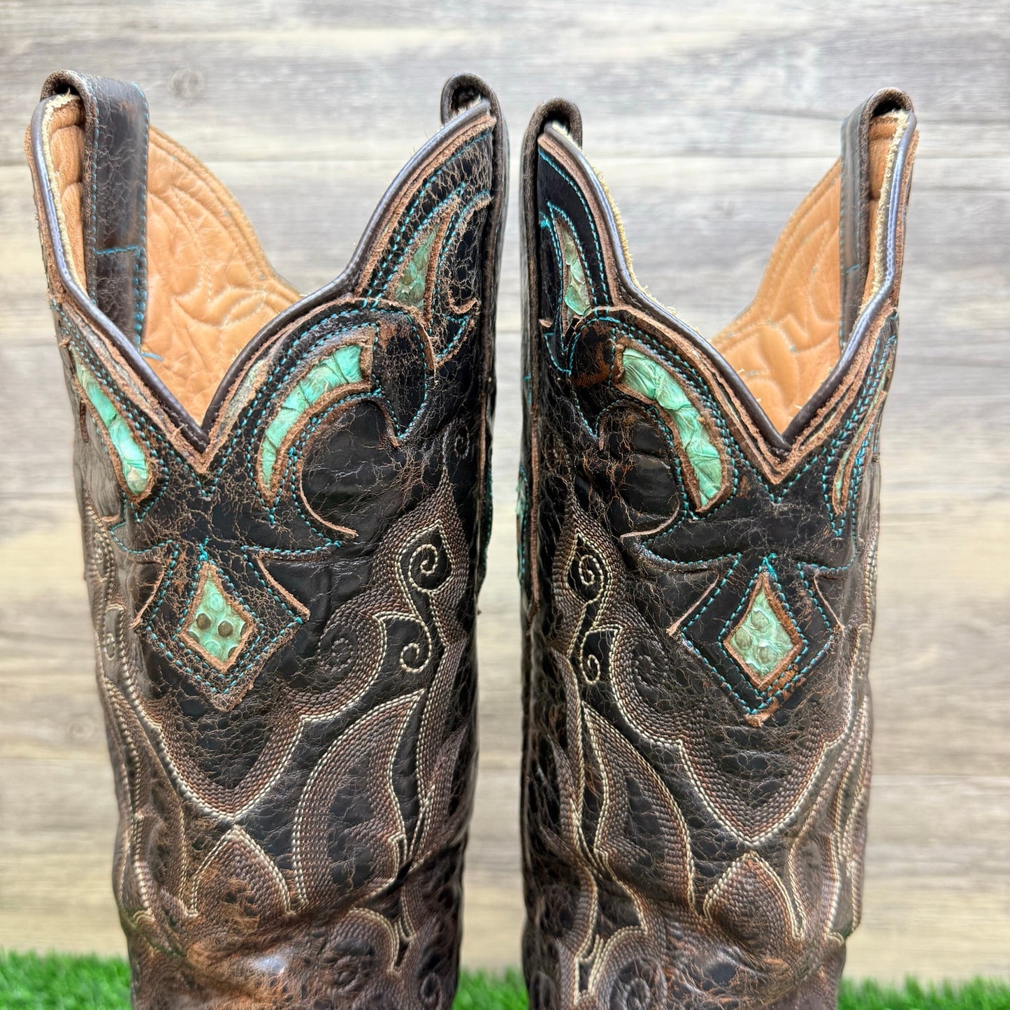 Stetson Women - Size 9B - Distressed Chocolate Snake Inlay Cowboy Boots 0512