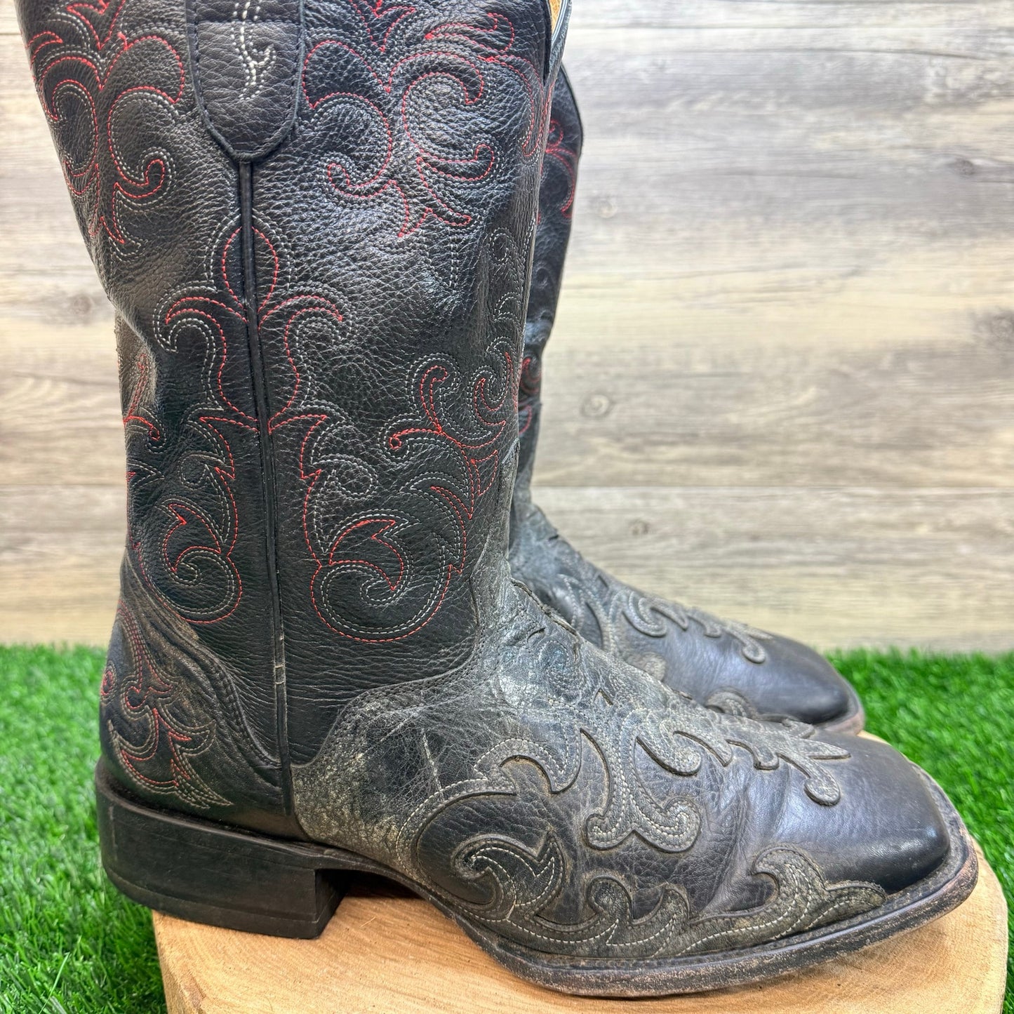 JB Dillon Men - Size 11EE - Black / Red Scroll Square Toy Cowboy Boots JBM2013