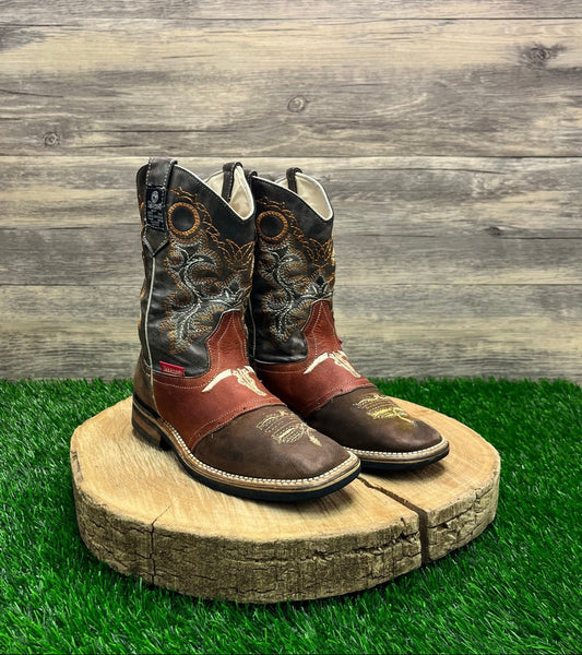 Maury Youth - Size 12.5 - Brown/Red Steer Square Toe Cowboy Boots