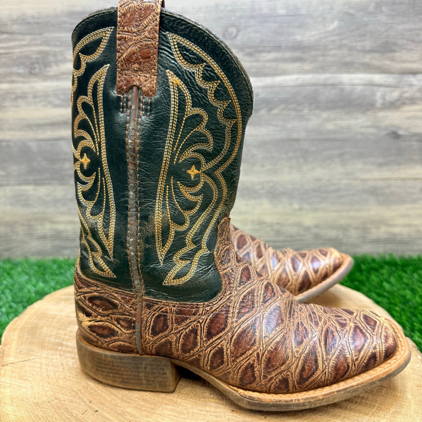 Ariat Youth - Size 13.5 - Brown/Green Square Toe Cowboy Boots
