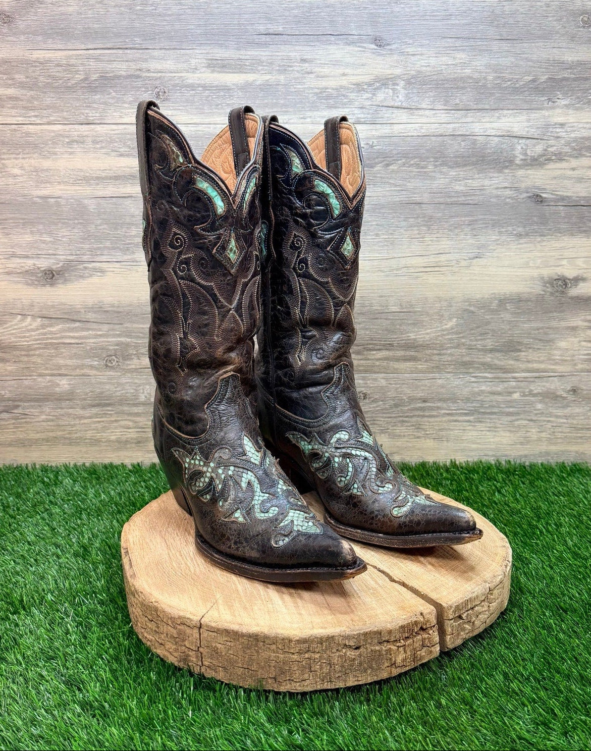 Stetson Women - Size 9B - Distressed Chocolate Snake Inlay Cowboy Boots 0512