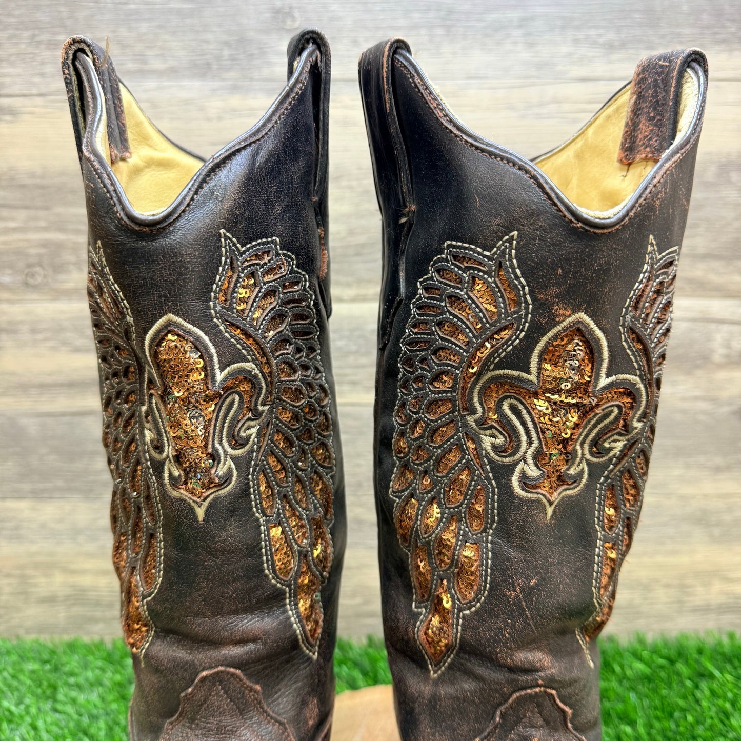 Corral Women - Size 7M - Brown Fleur De Lis Wings Cowboy Boots R2549