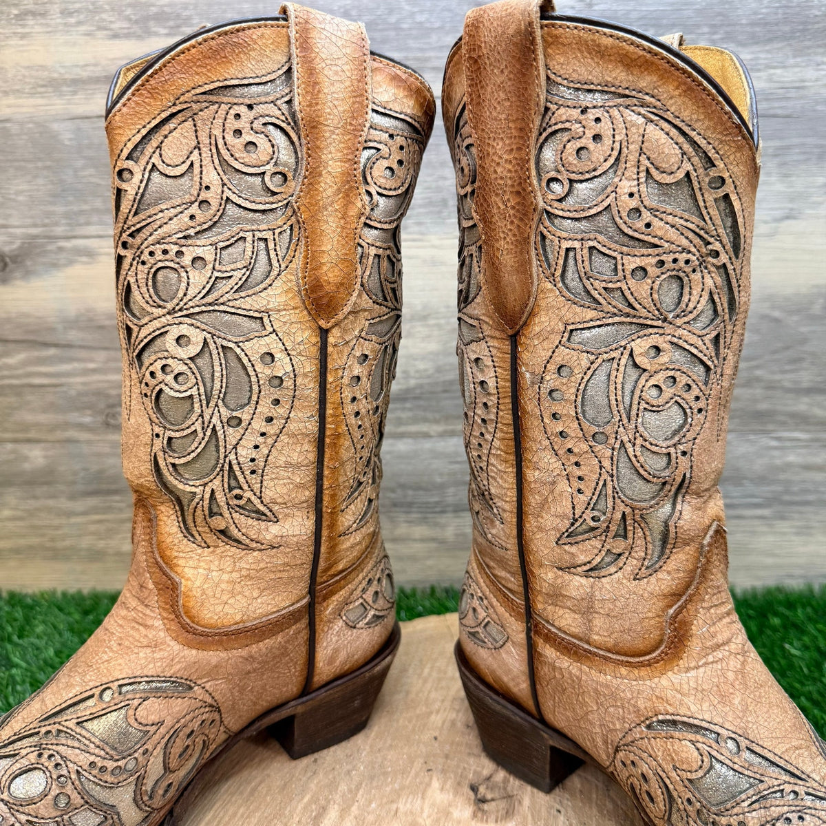 Corral Teen Youth - Size 5 - Beige / Gold Inlay Western Cowboy Boots 0080