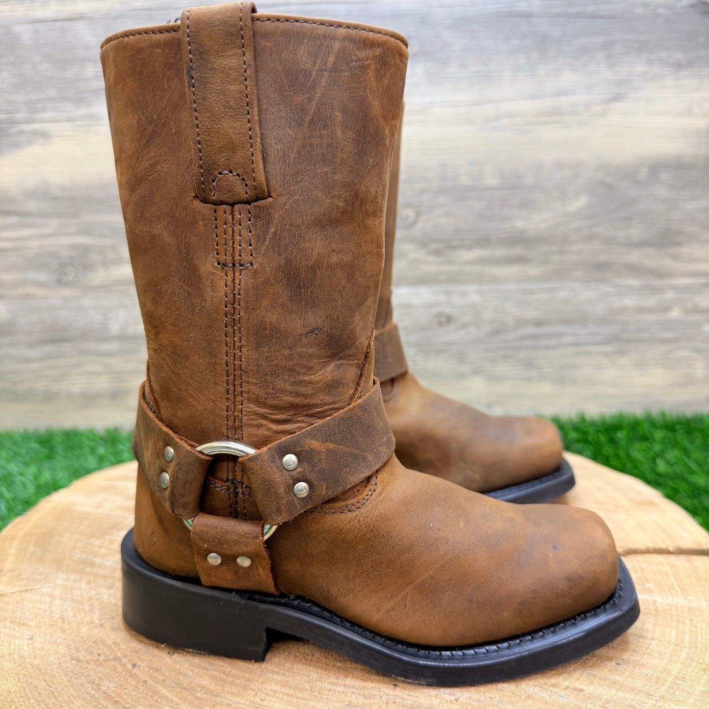 Old West Youth - Size 9D - Brown Square Toe Moto Boots CH1002