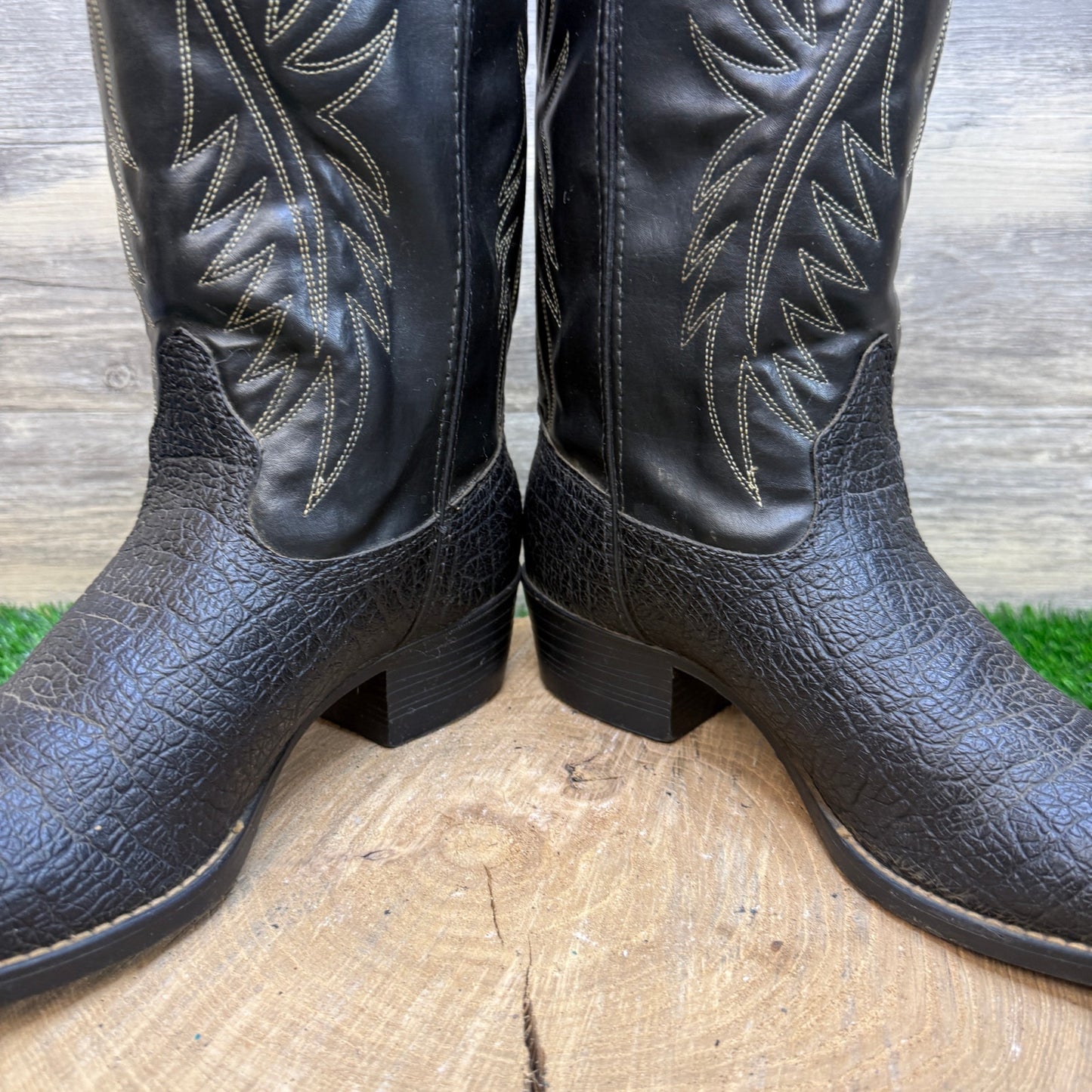 Bronco Men - Size 10.5EE - Vintage Black Faux Print/Leather Cowboy Boots 1750