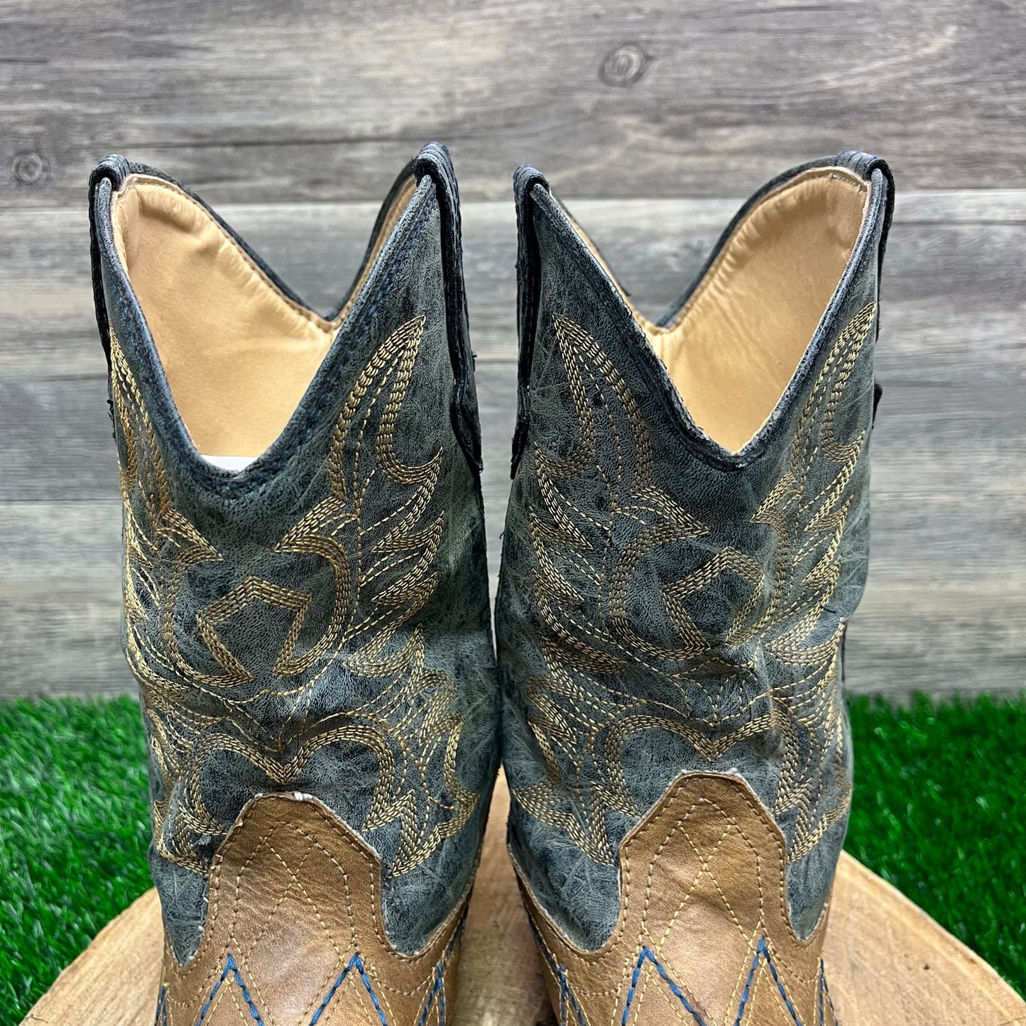 Roper Youth - Size 4 - Tan/Blue Faux Leather Square Toe Cowboy Boots Style 0080