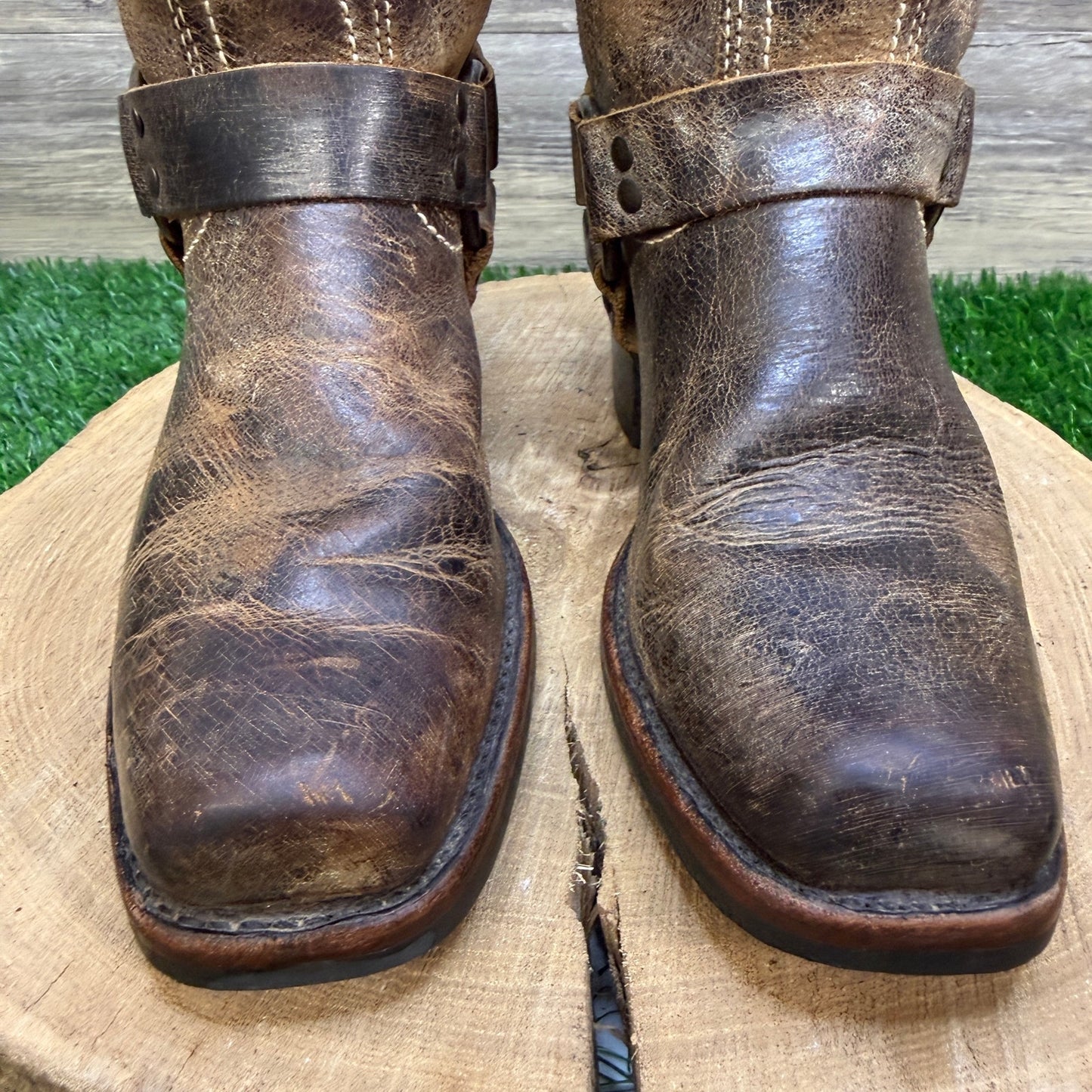 Frye Women - Size 8.5 - Distressed Brown Harness Square Toe Boots