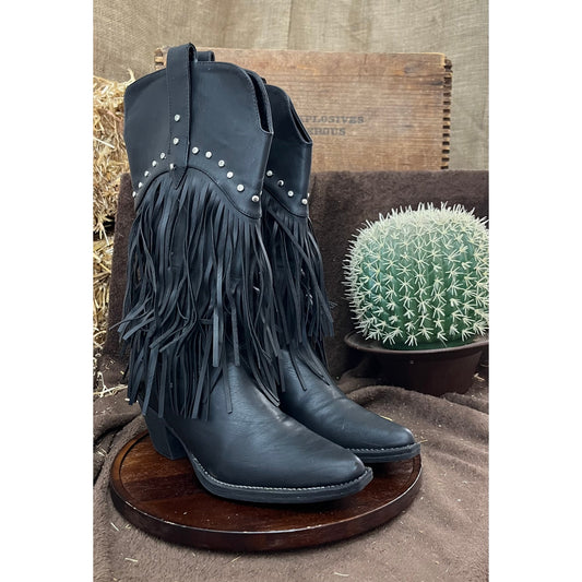 Roper Women - Size 7 - Black Fringe Snip Toe Faux Leather Cowboy Boots