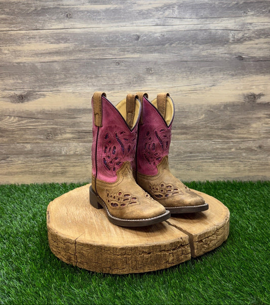 Smoky Mountain Youth - Size 10.5R - Tan/Pink Square Toe Cowboy Boots Style 3161C