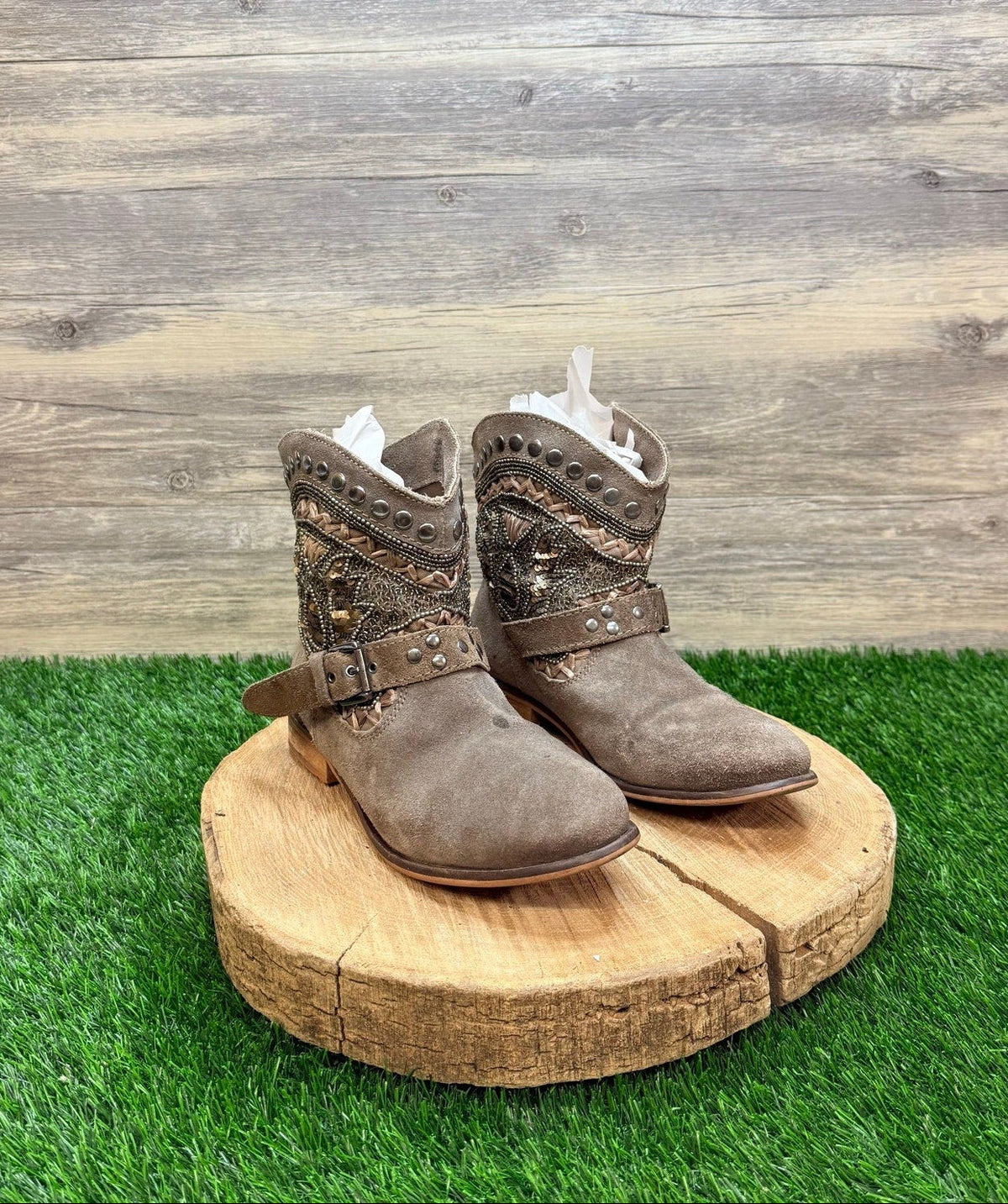 Naughty Monkey Women - Size 8 - Beige Buckled Stud Ankle Boots