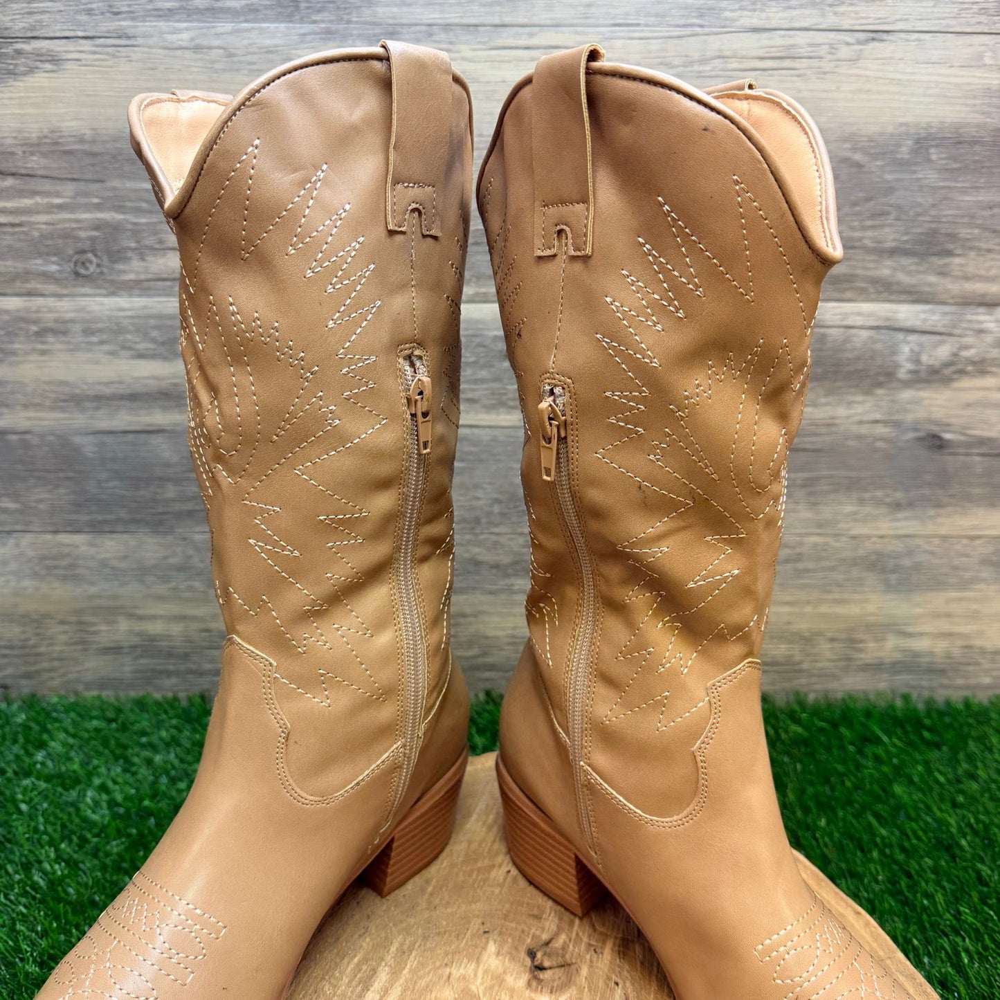 Unknown Women - Size 6.5 - Tan Faux Leather Zipper Cowboy Boots